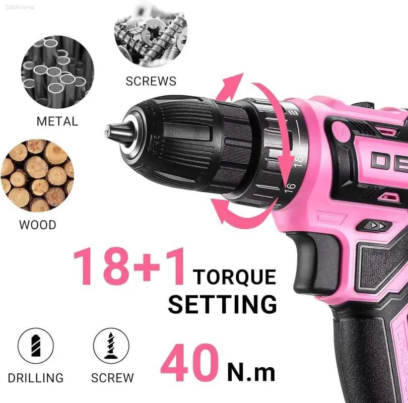 Pink and black cordless drill.