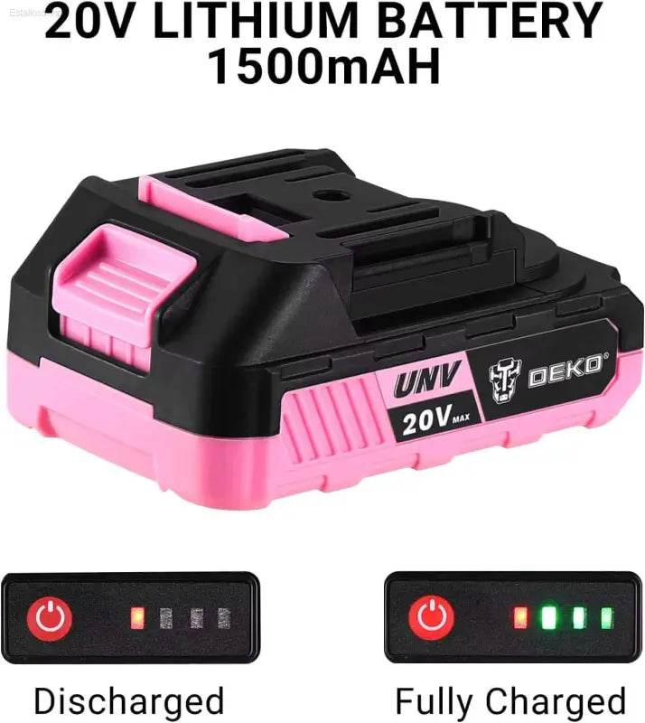 Pink and black 20V lithium battery.