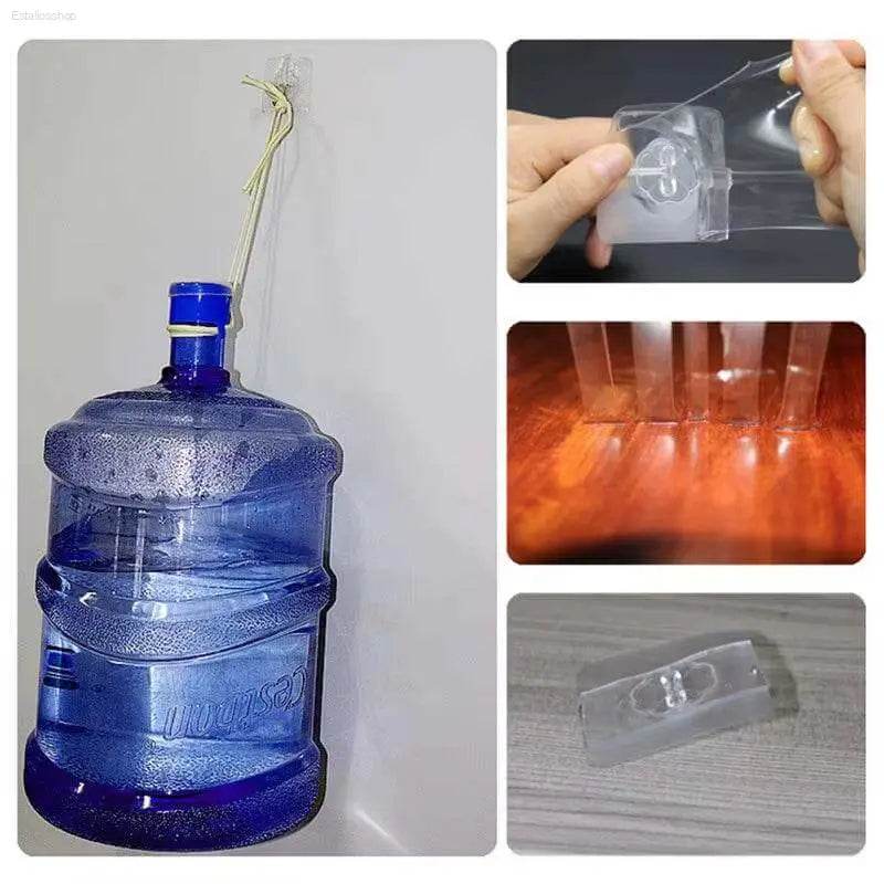 Blue water jug hanging from adhesive hook.