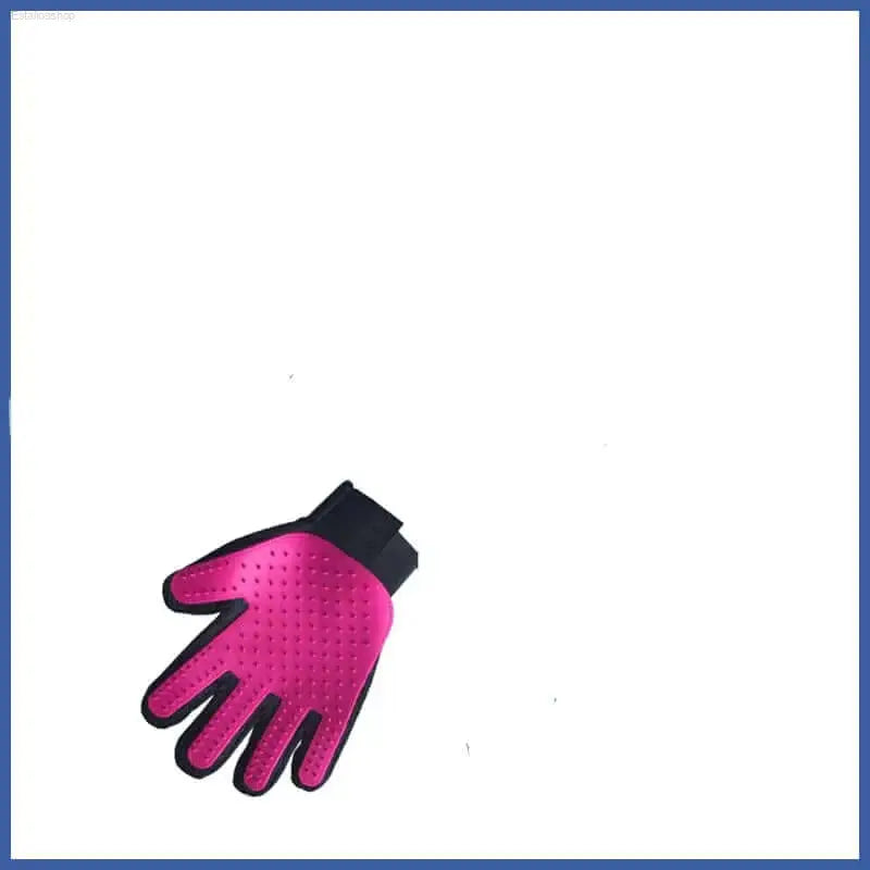 Pink grooming glove with black wrist.