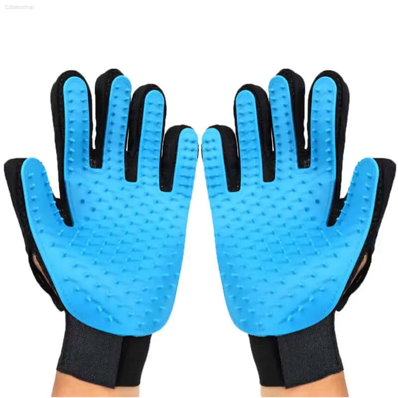 Blue and black pet grooming gloves.