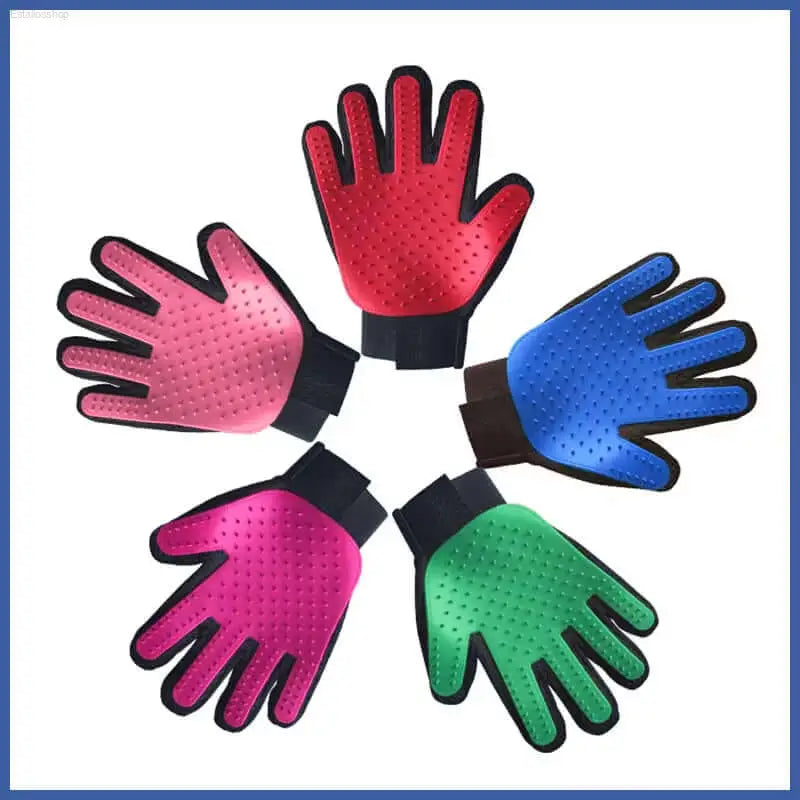Colorful pet grooming gloves.