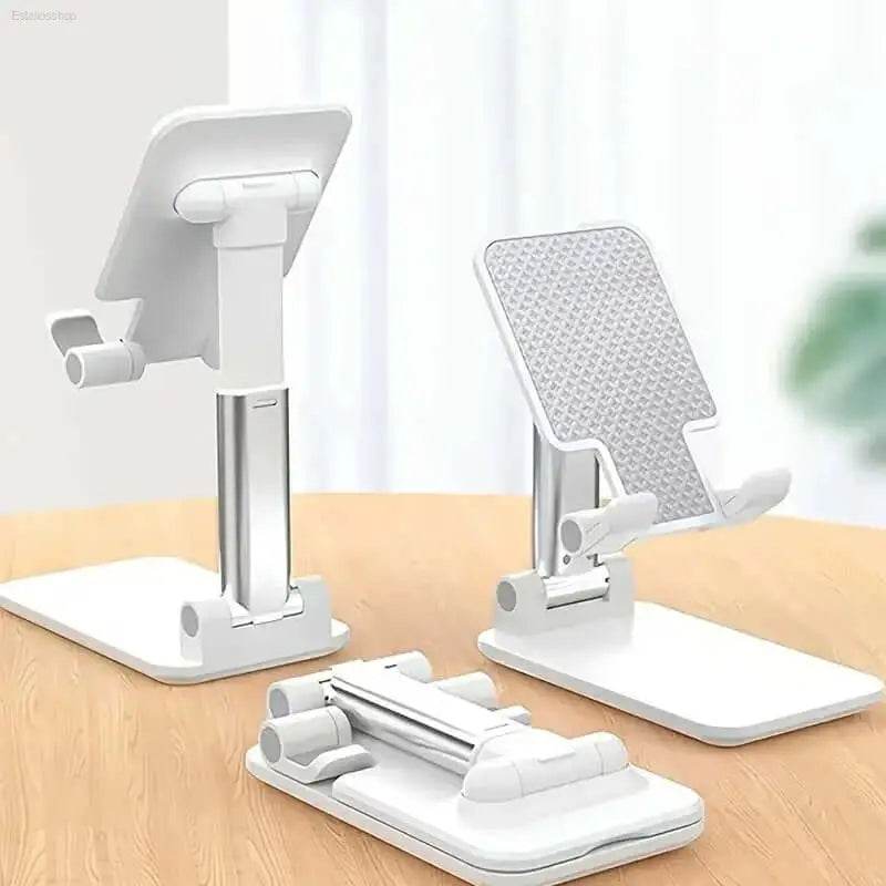 Adjustable white and silver phone stands.
