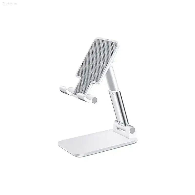 Adjustable white and silver phone stand.