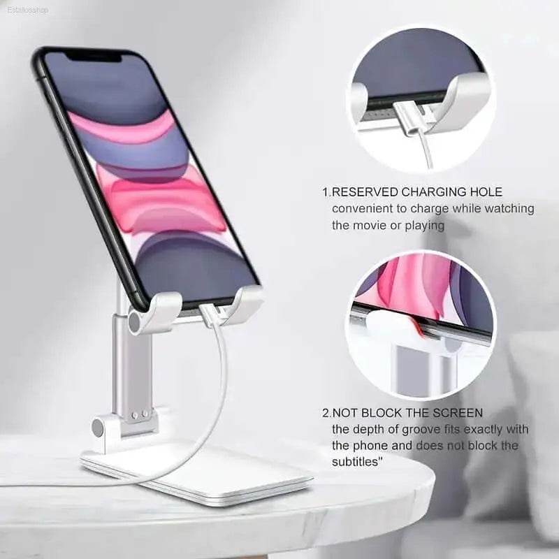 Adjustable phone stand with charging port.