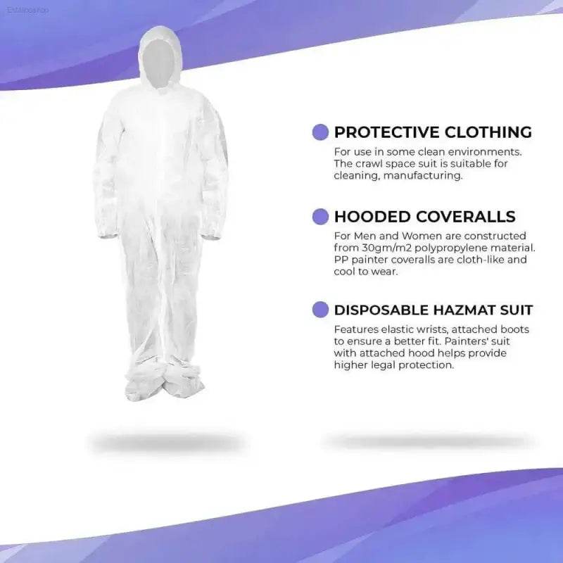 Unleash Total Protection Suit Shield: Spacious Fit Coverall! Here is the Product Description: Step Into Confidence with our White Hooded Disposable Coverall - Estalios