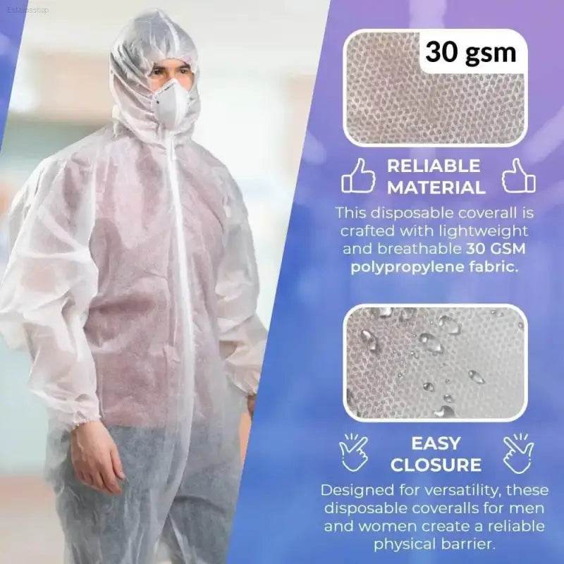 Unleash Total Protection Suit Shield: Spacious Fit Coverall! Here is the Product Description: Step Into Confidence with our White Hooded Disposable Coverall - Estalios