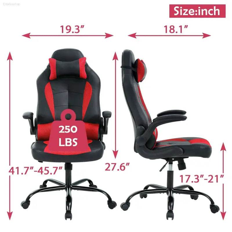 Red and black gaming chair with dimensions.