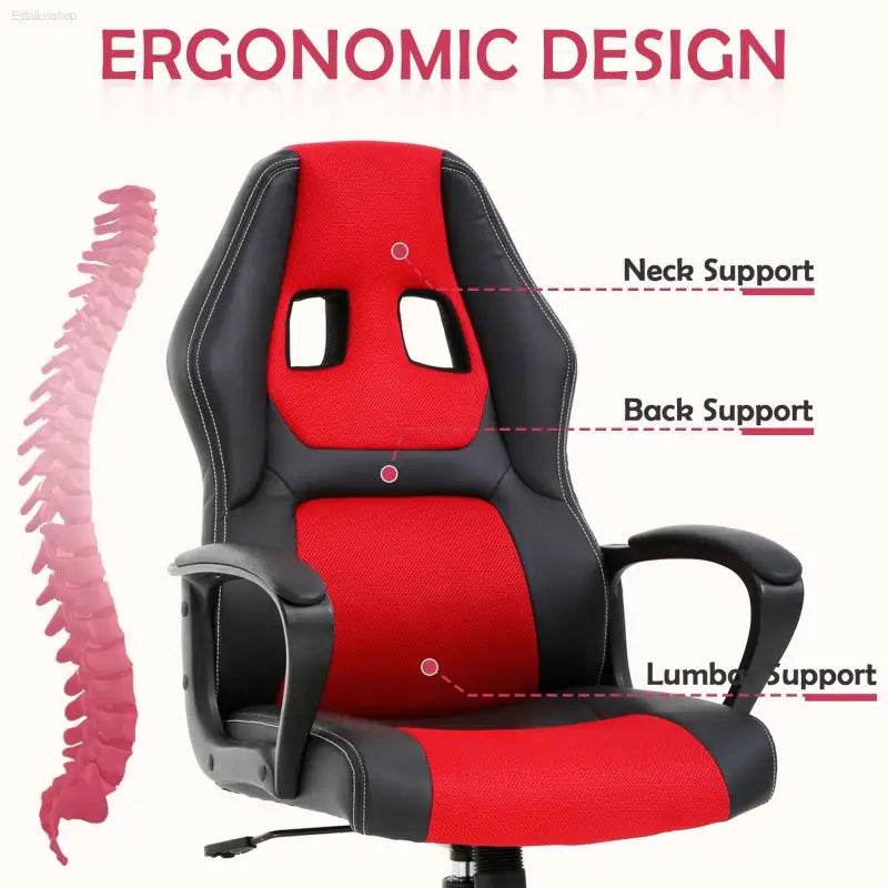 Ergonomic red and black gaming chair.