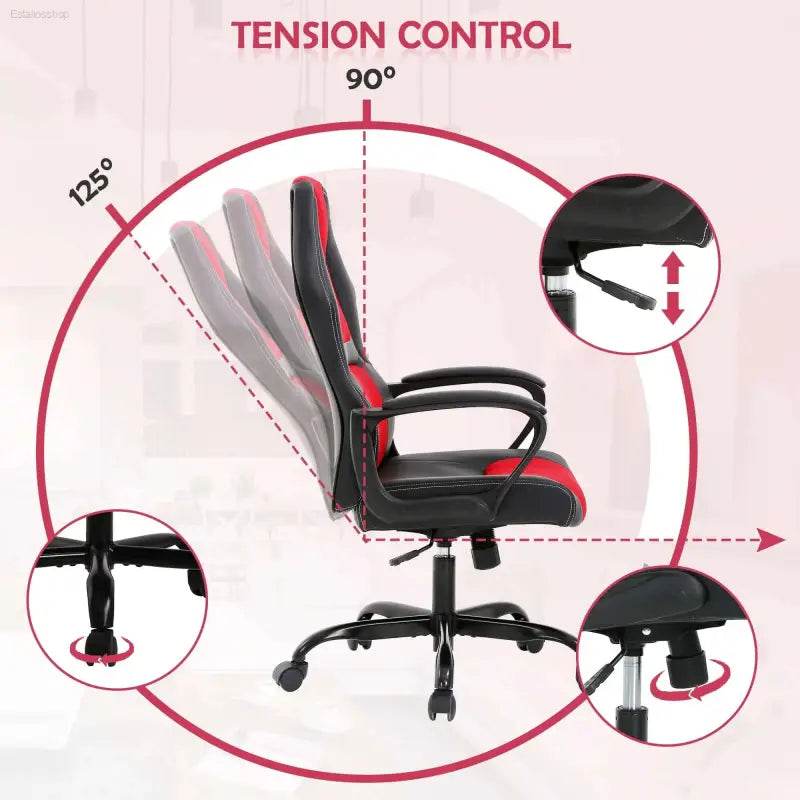 Adjustable black and red gaming chair.