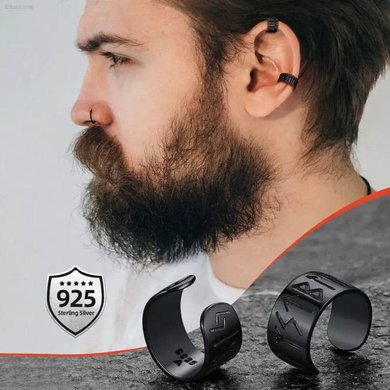 Black rune-engraved ear cuffs.