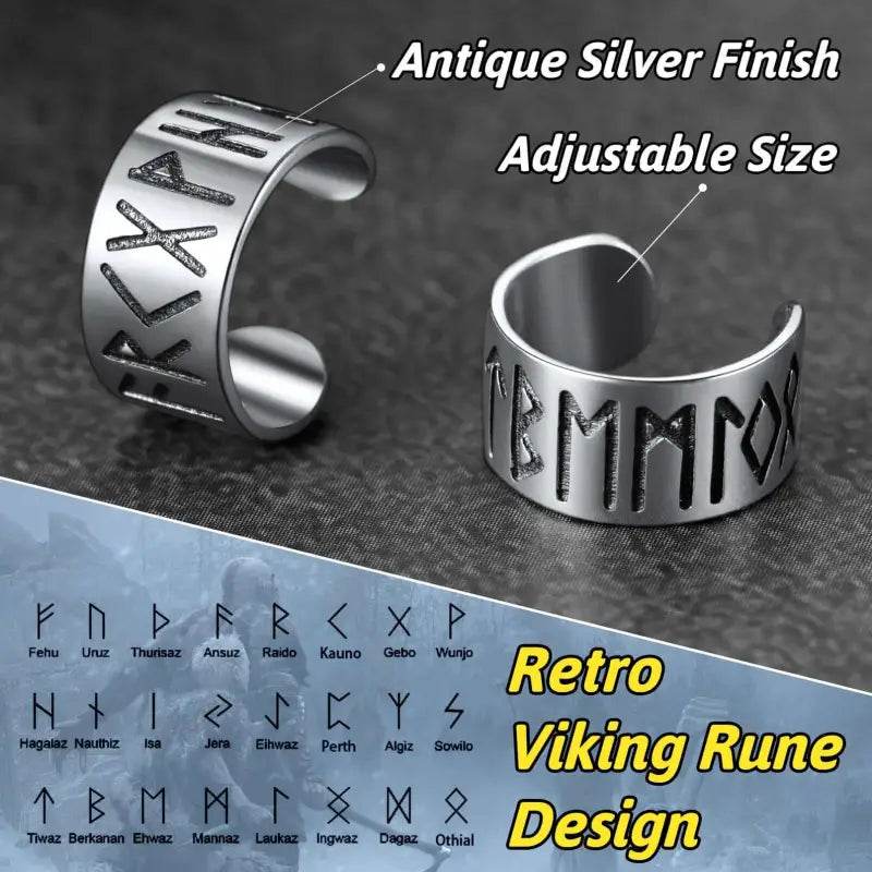 Antique silver finish adjustable rings with Viking rune design.