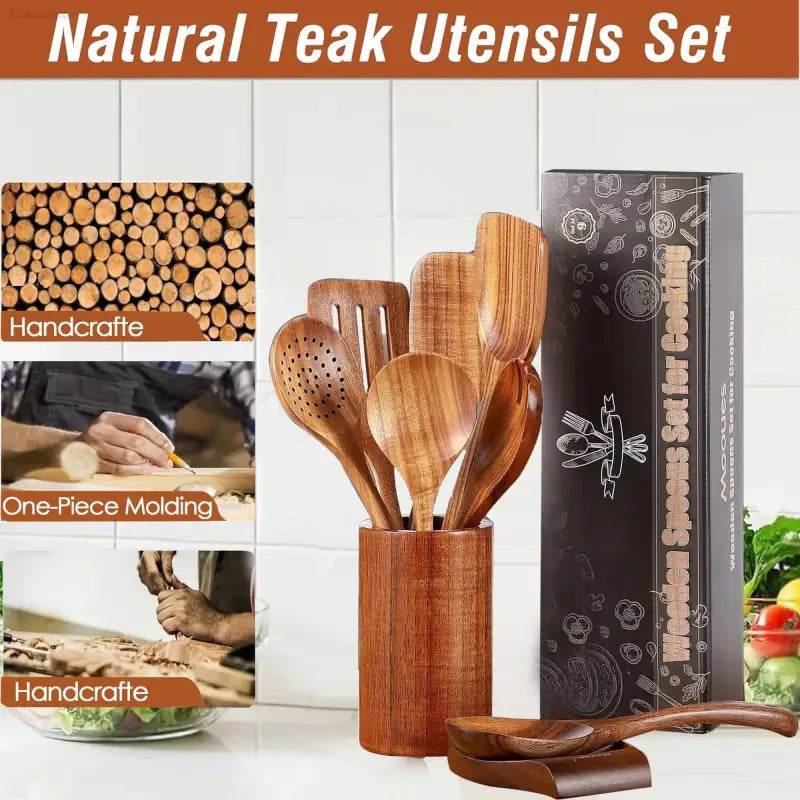 Teak cooking utensil set.