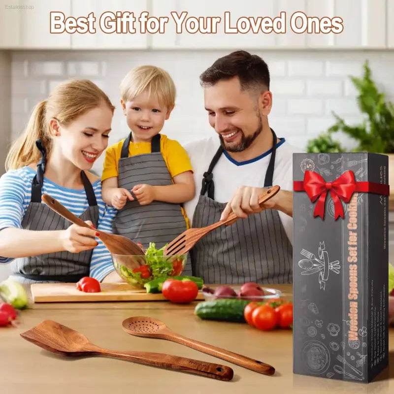Wooden cooking utensil set with gift packaging.