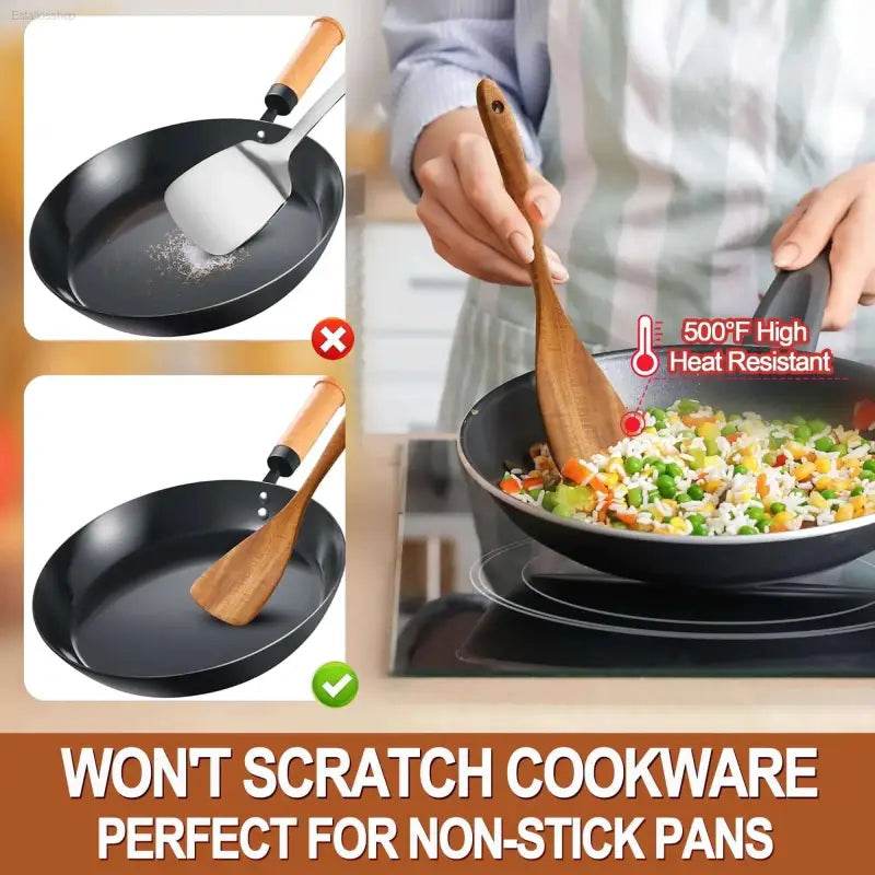 Non-scratching wooden cooking utensil.