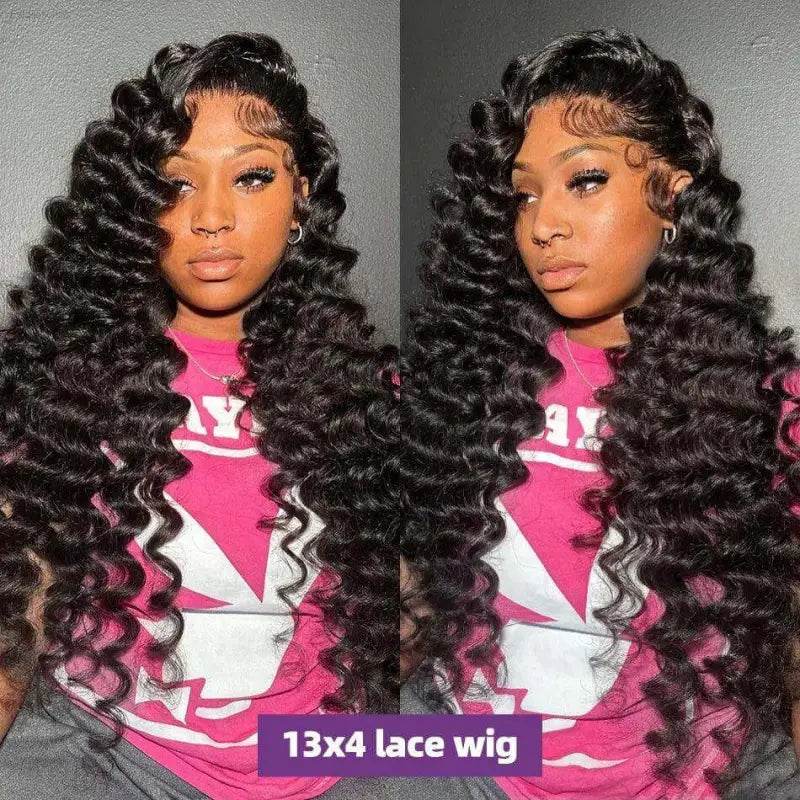 Long, curly black wig.