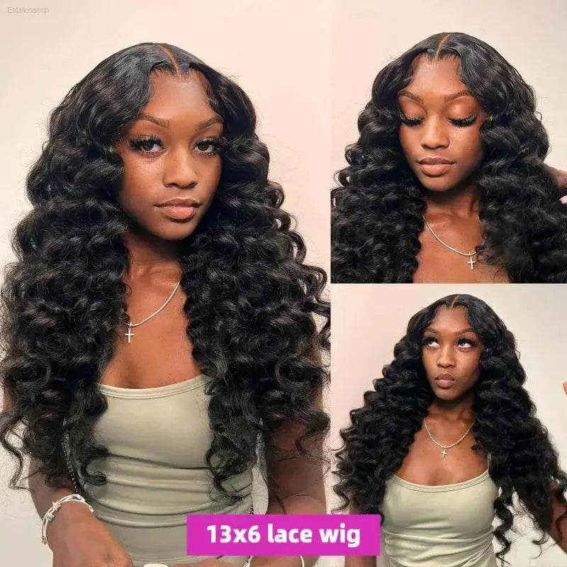 Long, curly black wig.
