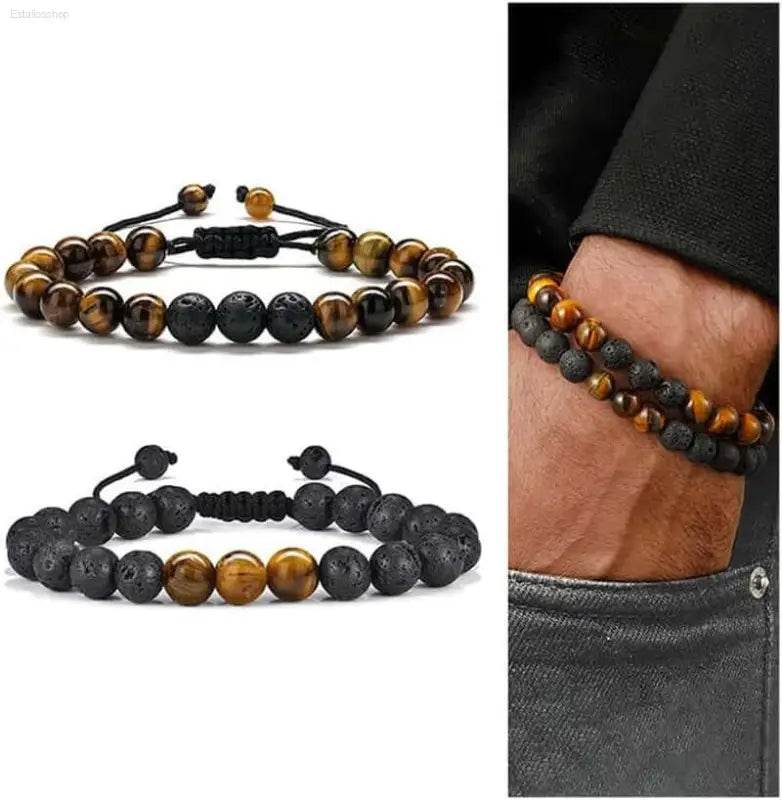 Beaded tiger eye and lava stone bracelets.