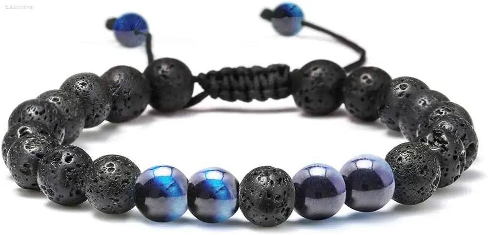 Beaded bracelet with lava rock and iridescent accents.