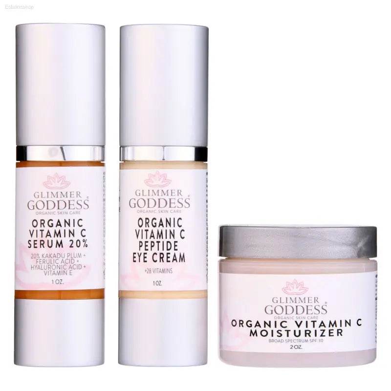Glimmer Goddess organic vitamin C skincare products.