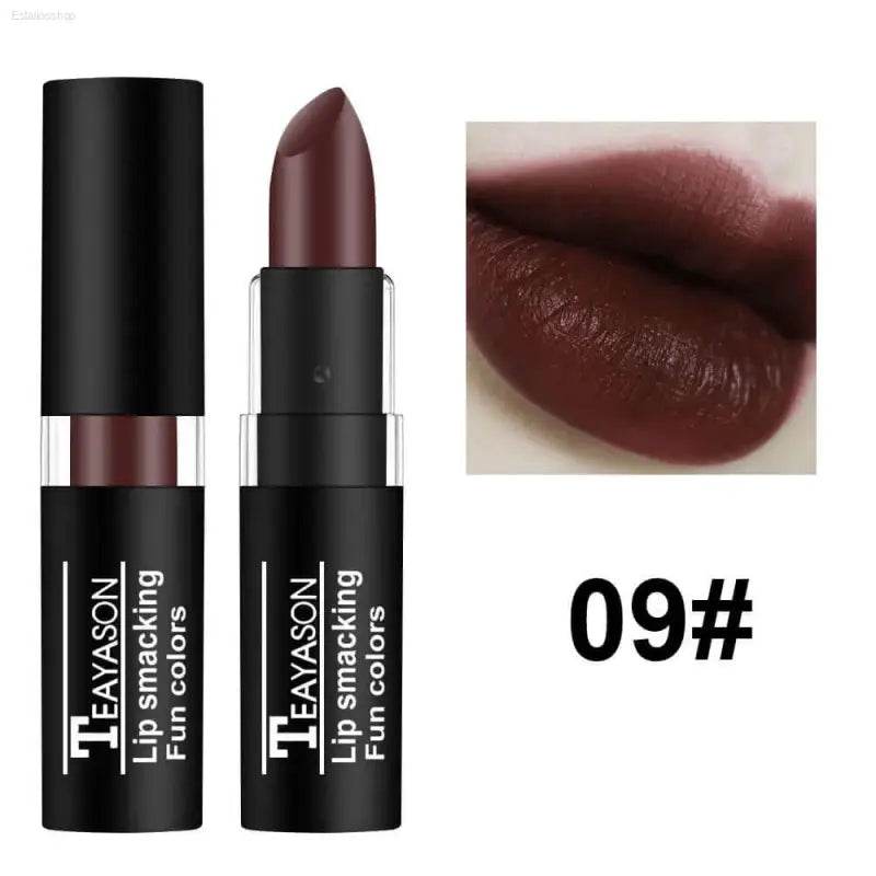 Burgundy lipstick with matching lip swatch.