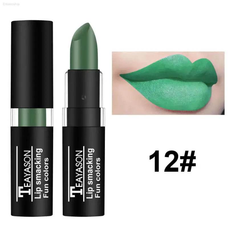 Green lipstick with matching lips.