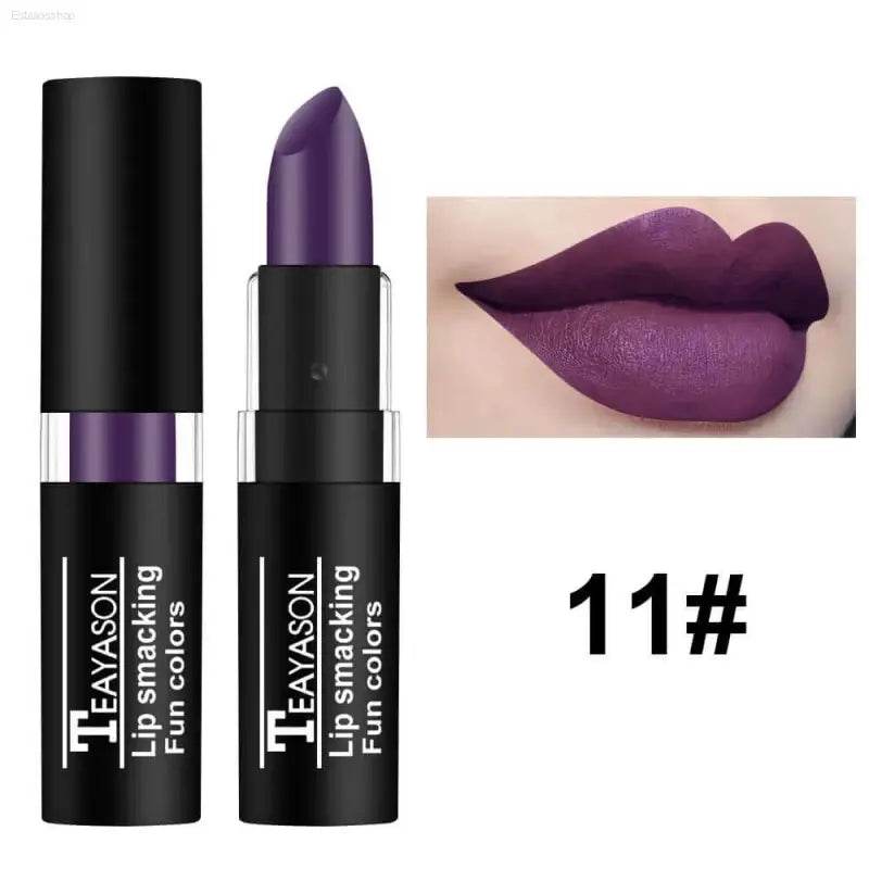 Purple lipstick with matching lip swatch.