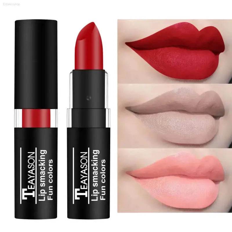 Red lipstick with three lip color swatches.