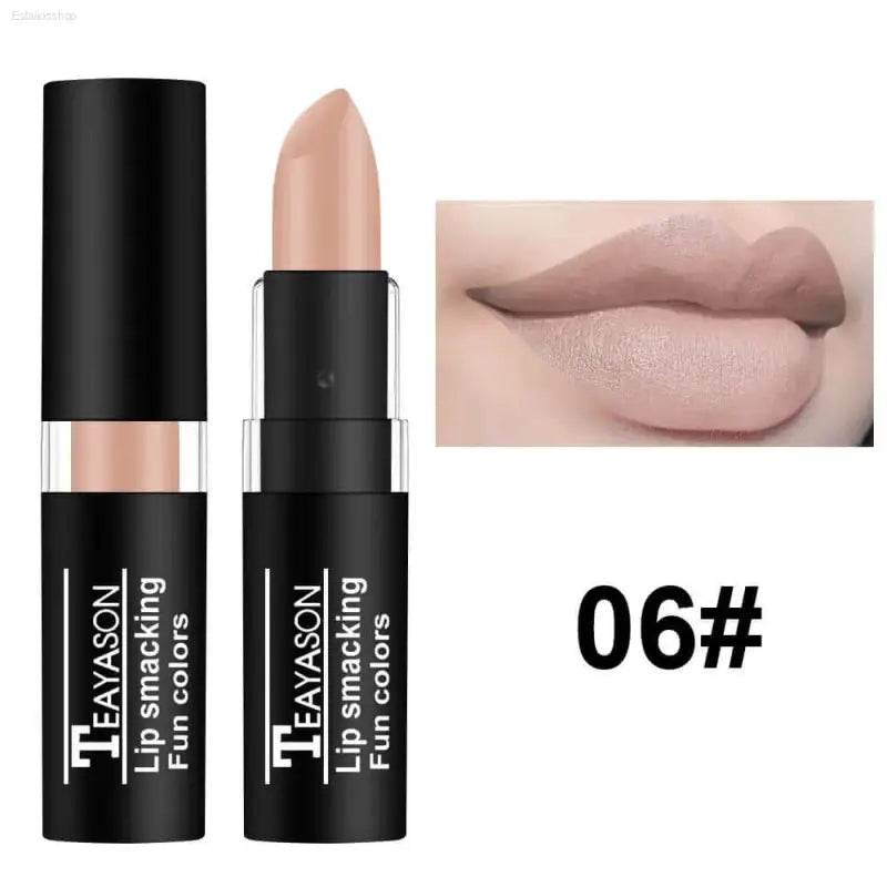 Nude lipstick with matching lip swatch.