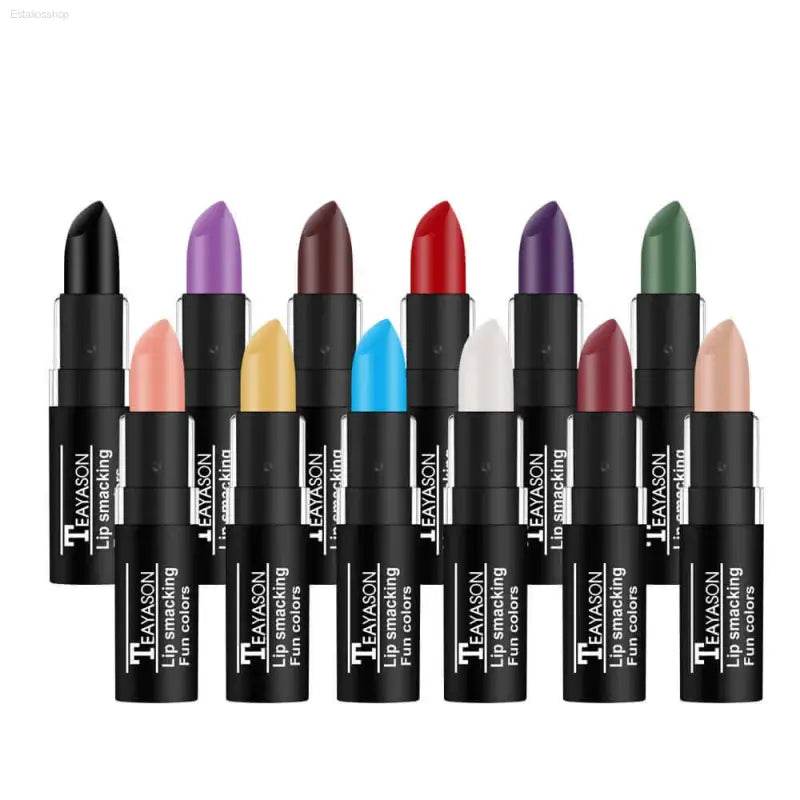 Colorful lipsticks in black tubes.