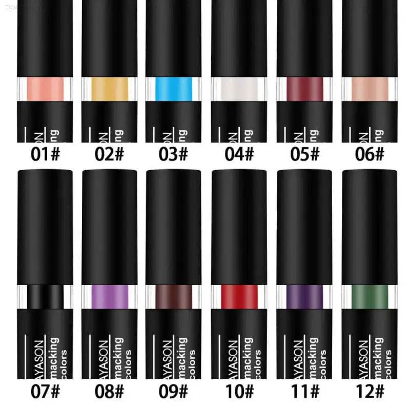 Twelve colorful lipsticks.