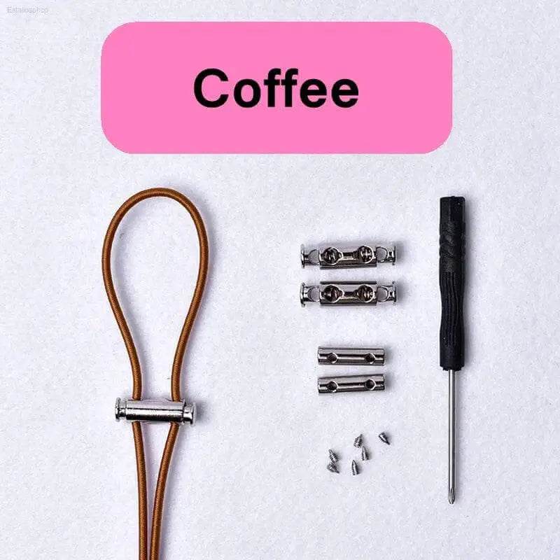 Coffee-colored elastic shoelaces with metal fasteners and screwdriver.