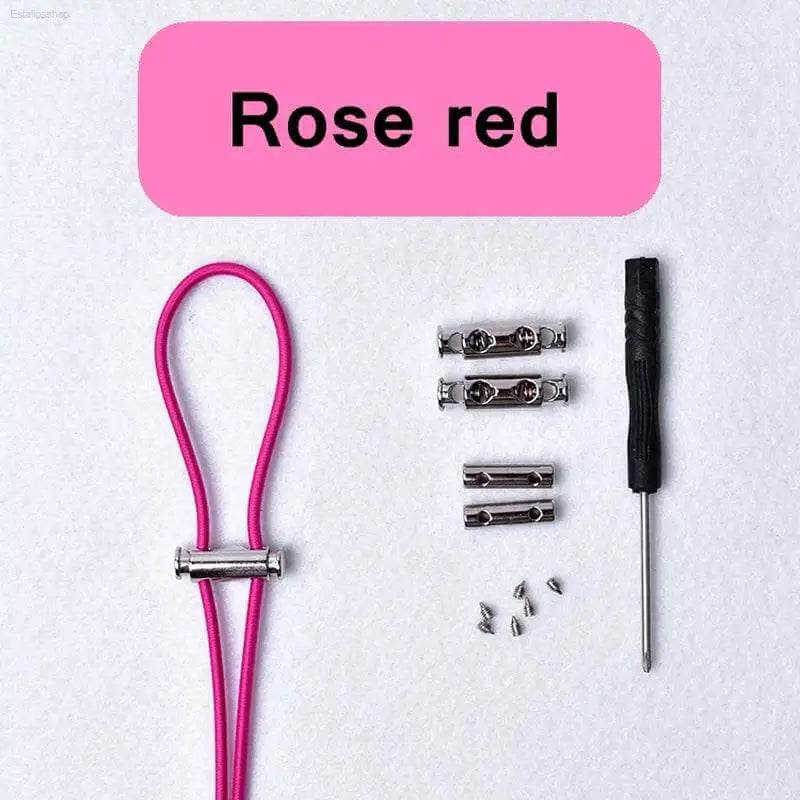 Rose red elastic shoelaces with metal fasteners and screwdriver.