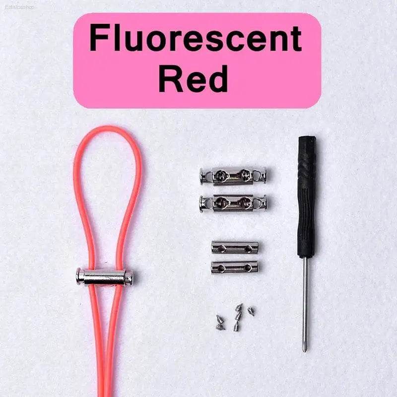 Fluorescent red shoelace with hardware.