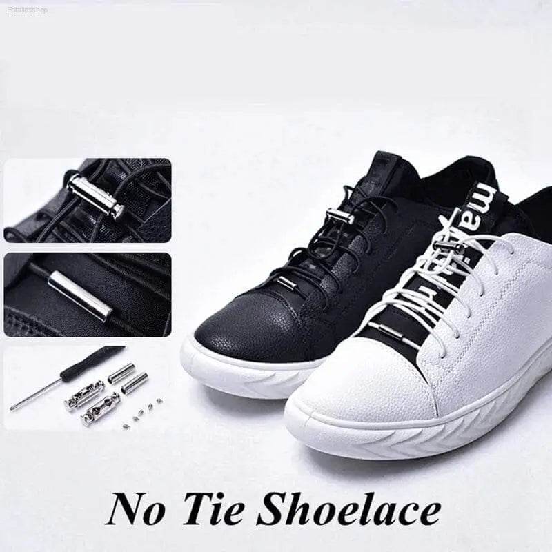 No-tie shoelaces with metal fasteners.