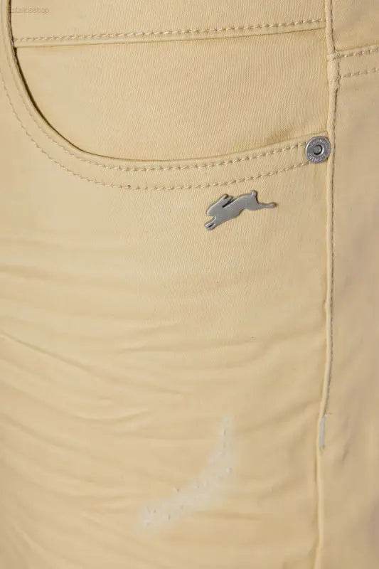 Yellow pants with a rabbit logo.