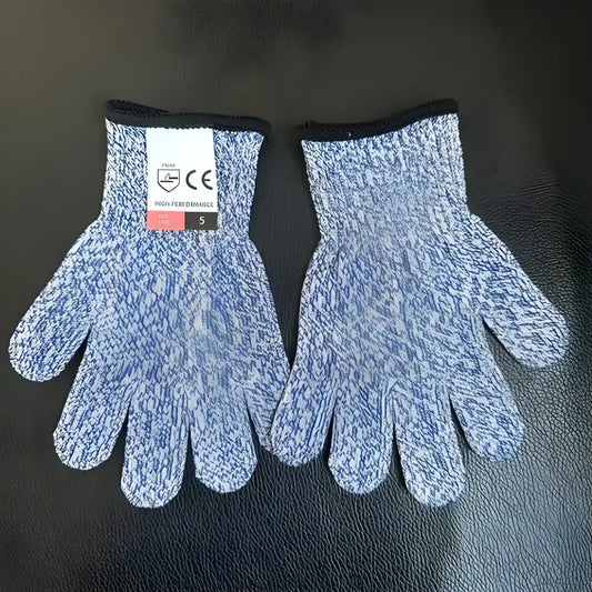 Blue and white knit anti cut gloves offering HPPE level cutting resistance