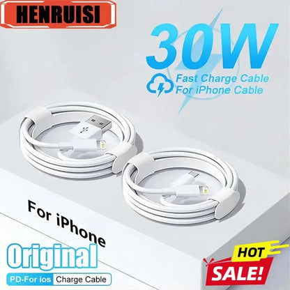 Two white iPhone charging cables for fast charging with USB Cable Fast Charging 30W