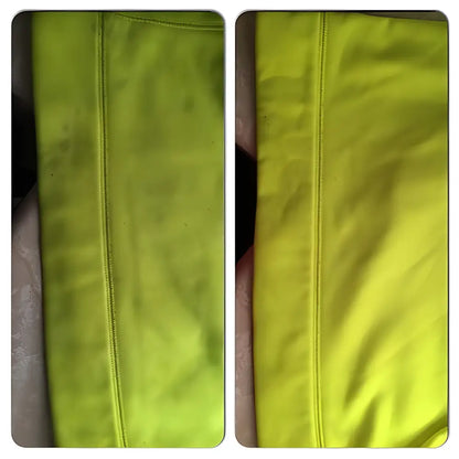 Neon green pants with stains cleaned by Vegan Stain Stick Works Magic for perfect results