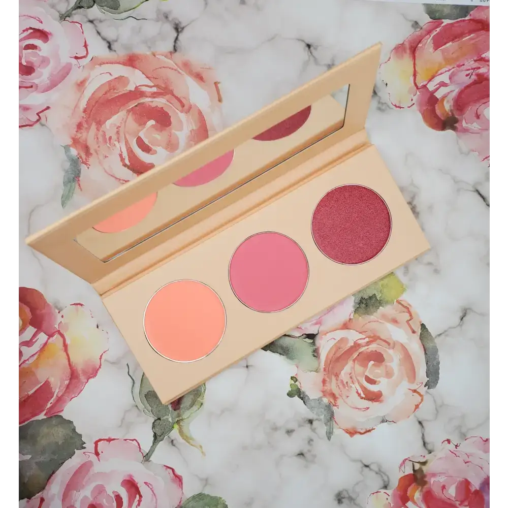 Open Versatile Blush Palette with three shades blush and mirror for perfect makeup looks