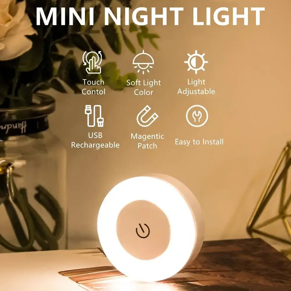 Round, versatile LED touch night light with a rechargeable lithium battery for easy use