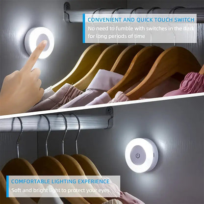 Round touch-activated closet light for the Versatile LED Touch Night Light with rechargeable battery