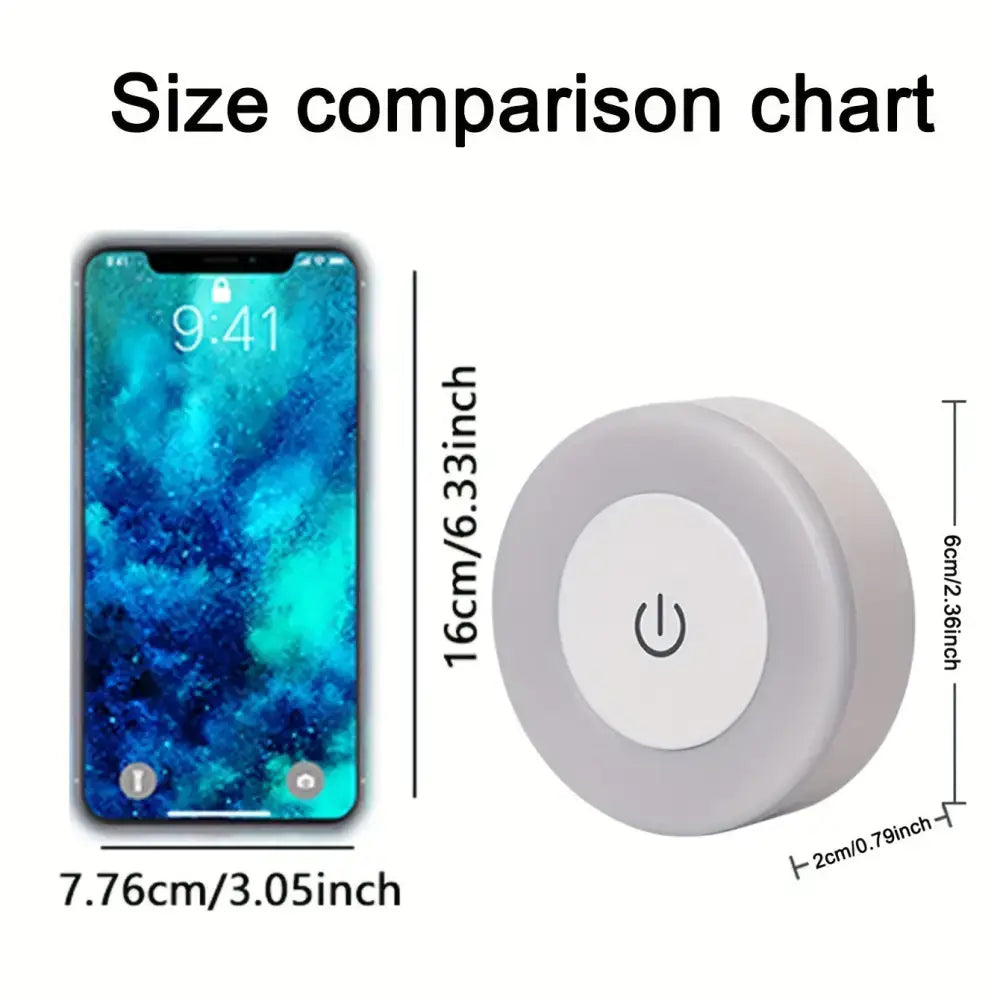 Size comparison of a phone and the Versatile LED Touch Night Light with rechargeable battery