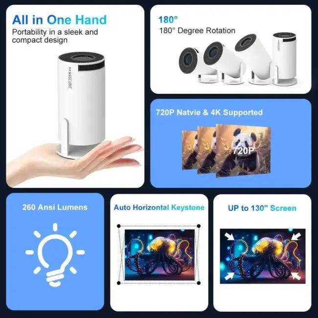 Versatile White Cylindrical Portable Projector with Keystone Correction for Stunning 4K Visuals - Estalios