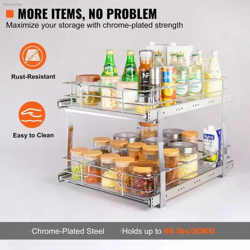 VEVOR 2 Tier Pull Out Cabinet Organizer with Heavy Duty Slide Out Shelves for Kitchen and Bathroom Storage - EstaliosShop