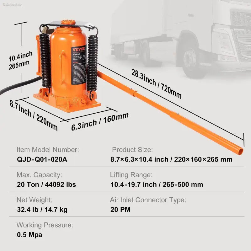 VEVOR Air Hydraulic Bottle Jack, 20 Ton/40000 LBS All Welded Bottle Jack, 10.4-19.7 inch Lifting Range, Manual Handle and Air Pump, for Car, Pickup, Truck, RV, Auto Repair, Industrial Engineering - Estalios