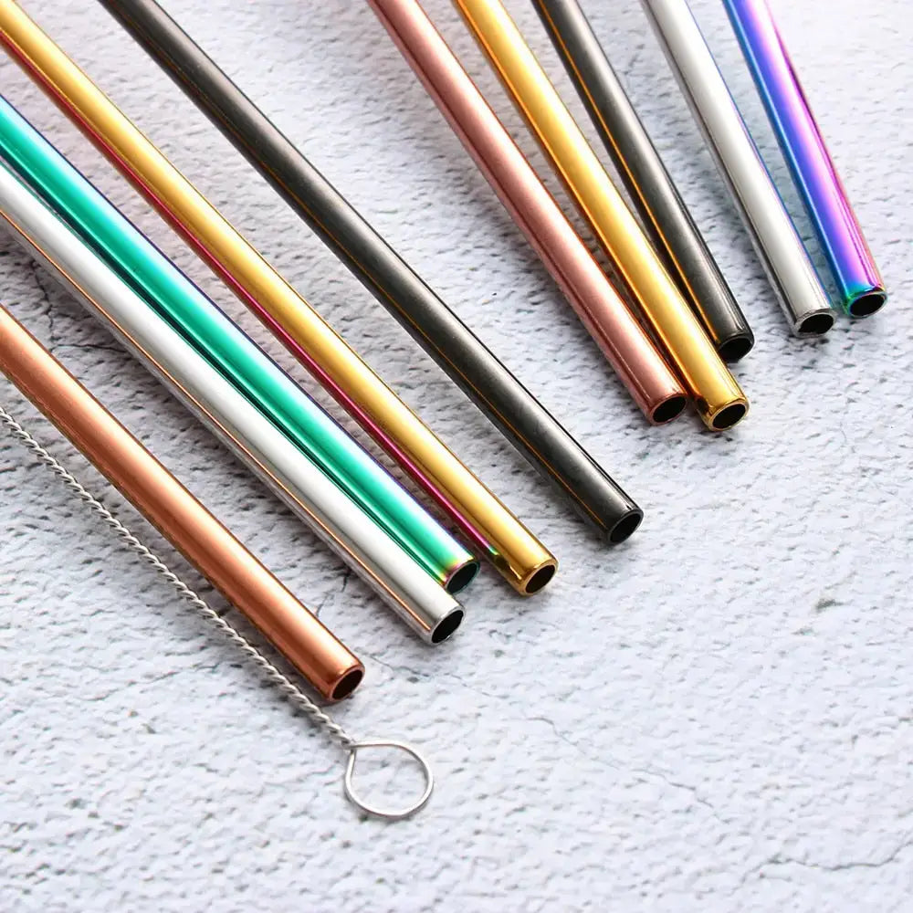 Vibrant stainless steel metal straws with a cleaning brush for stylish bar accessories