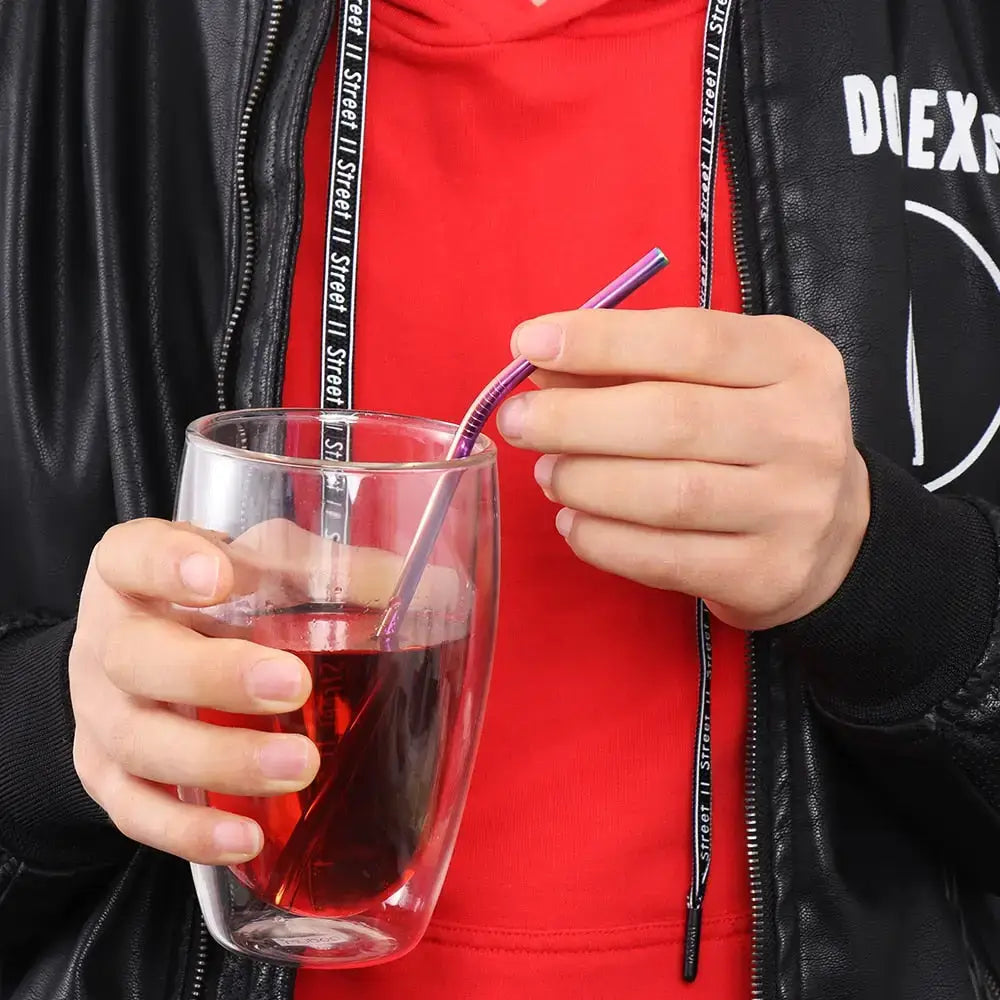 Double-walled glass with a purple straw, perfect for Vibrant Stainless Steel Metal Straws