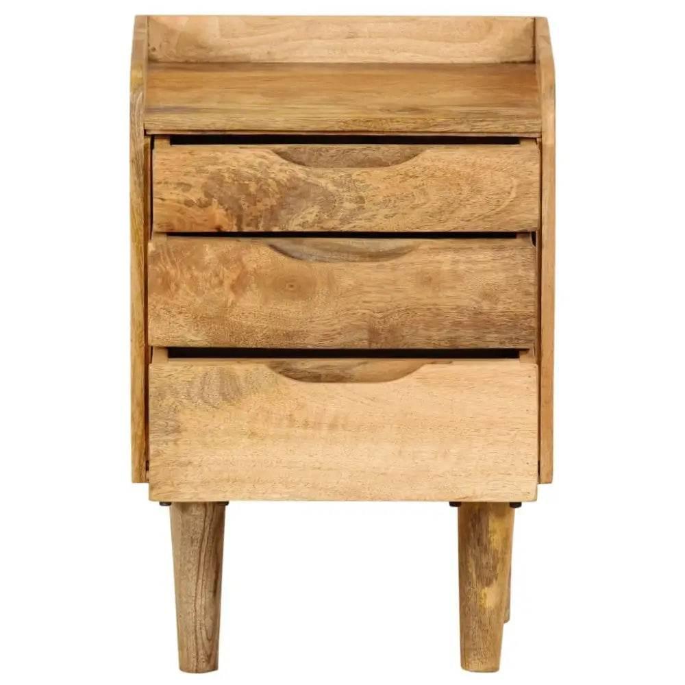 Mango Wood Bedside Cabinet: Discover Nightstand Nirvana! Stylish three-drawer nightstand enhances your bedroom aesthetic.