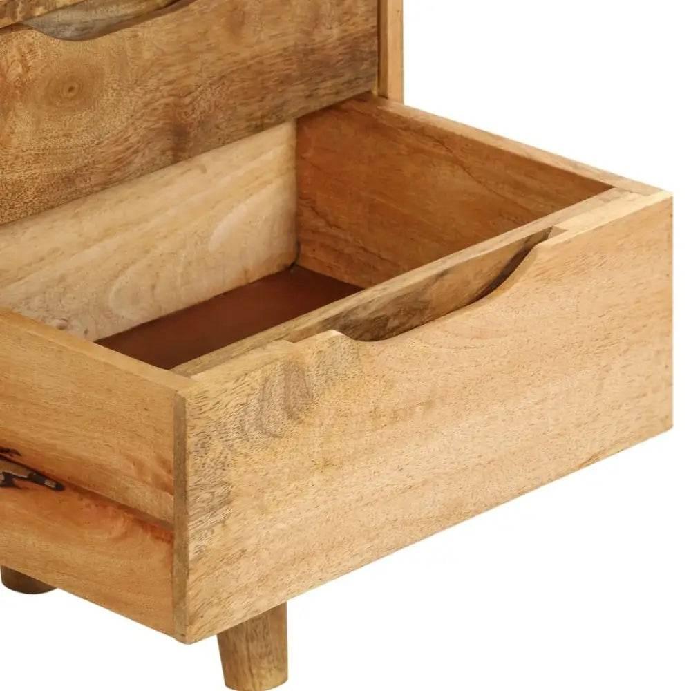 Mango Wood Bedside Cabinet: Discover Nightstand Nirvana! Stylish three-drawer nightstand for elegant bedroom storage.